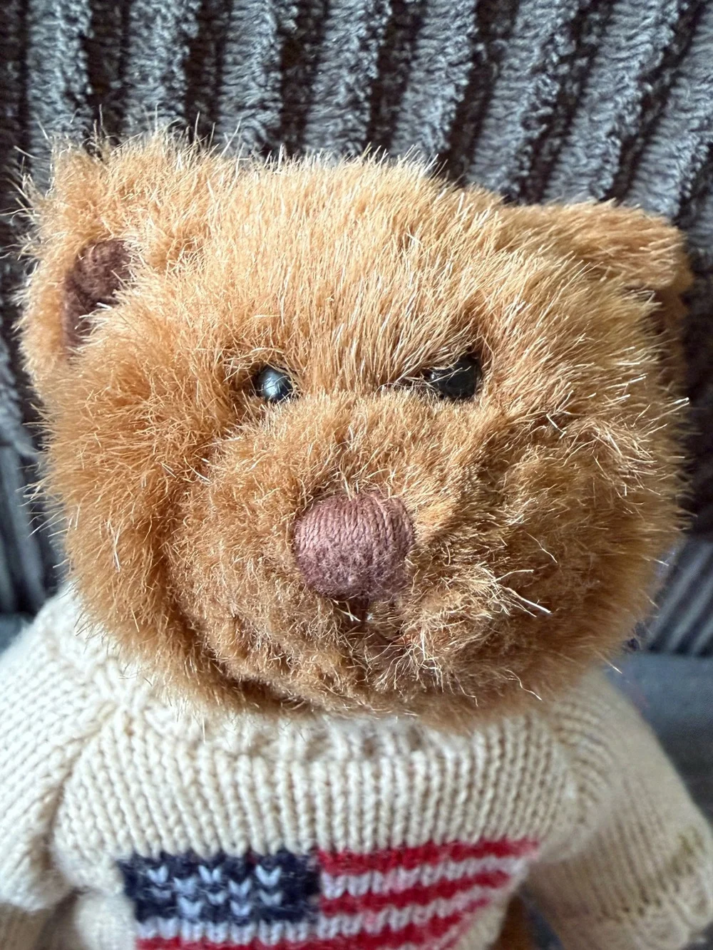 VTG Russ Brown Plush Teddy Bear with Cream Tag American Flag Sweater